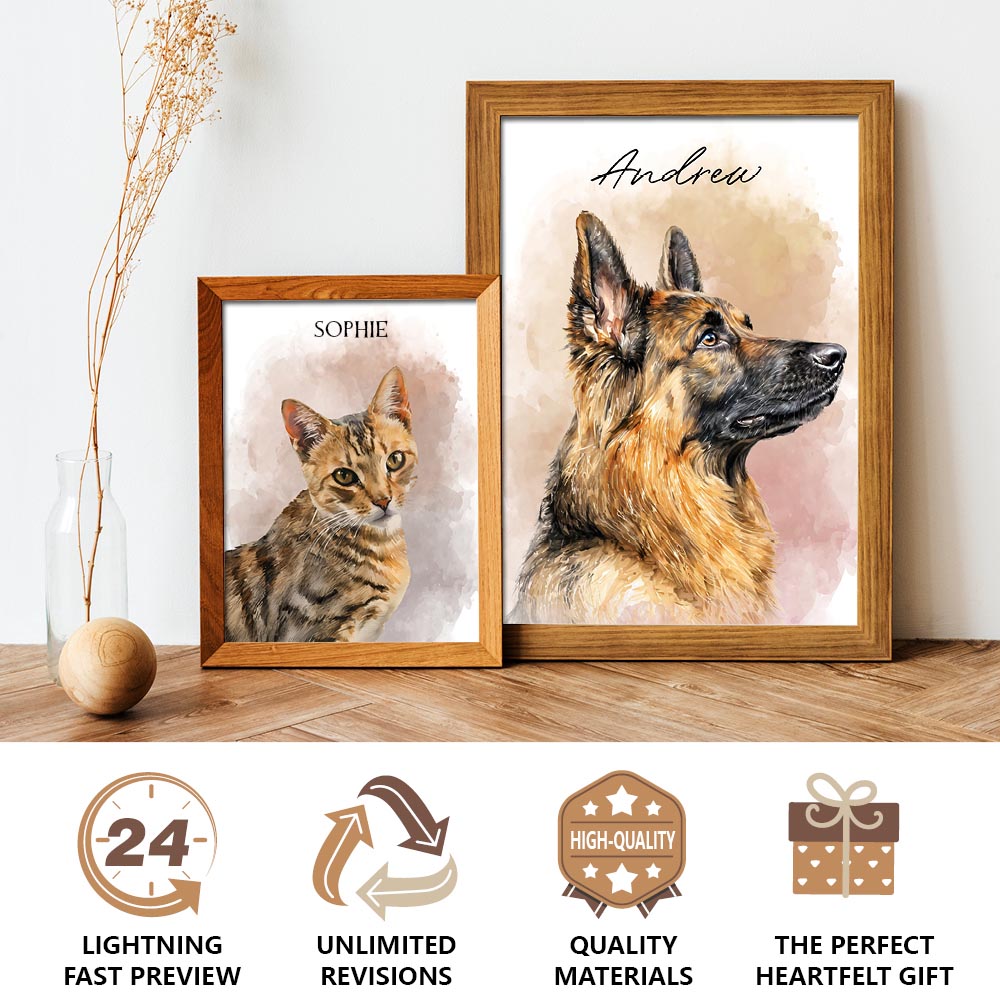 Custom watercolor pet portrait artwork preview by Gleamify