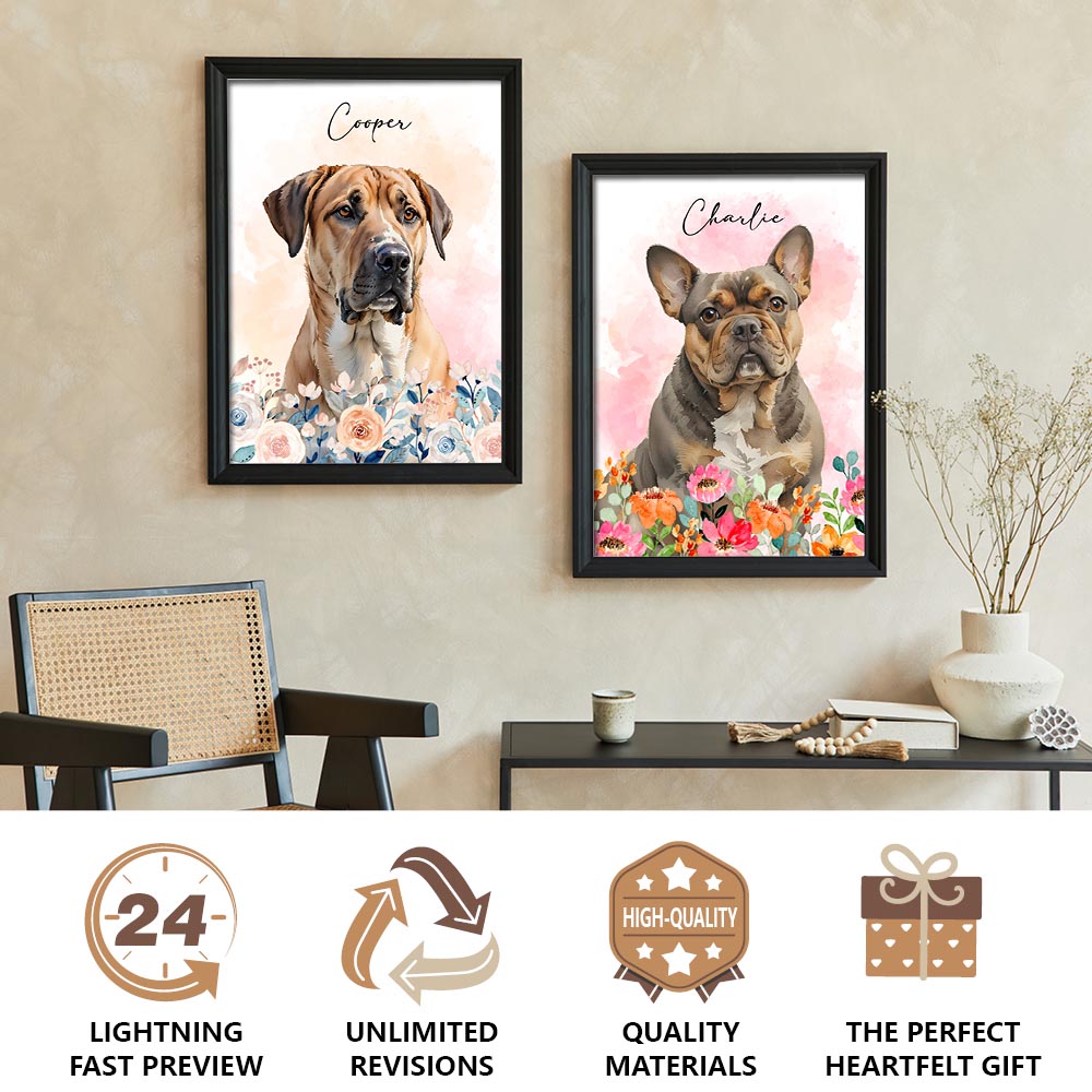 Custom pet portrait artwork preview by Gleamify