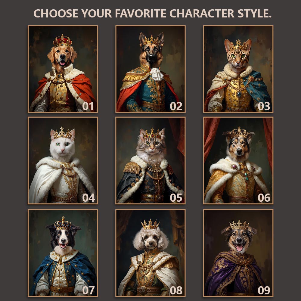 Custom royal king pet portrait shown as finished wall art
